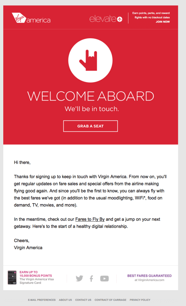 welcome email from Virgin America
